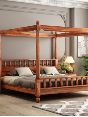 Allure Poster Bed Without Storage (Queen Size, Honey Finish)