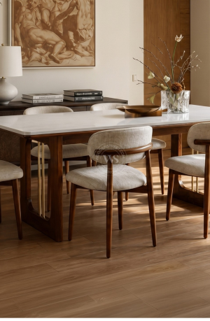 Mishaan-Rivano 6 Seater Sheesham Wood Dining Table Set with Quartz Top (Teak Finish)