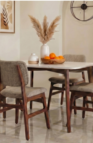 Vivara 4 Seater Dinining Set with Valence Marble-Top Table and Vinara Upholstered Chair (Sand Brown)