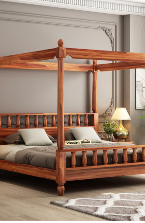 Allure Poster Bed Without Storage (Queen Size, Honey Finish)