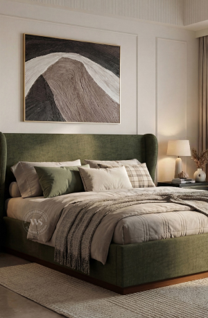Adhiraj Luxurious Fabric Hydraulic Storage Bed with Plush Wingback Headboard (Queen Size, Sage Green)