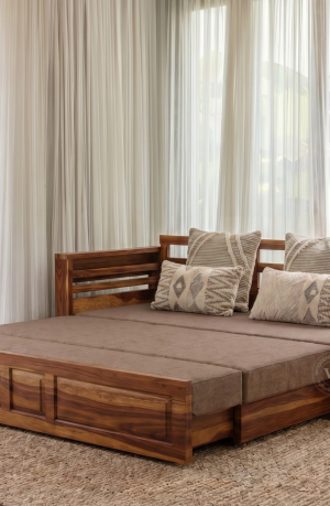 Feltro Sheesham Wood Sofa Bed With Storage (Queen Size, Sand Brown)