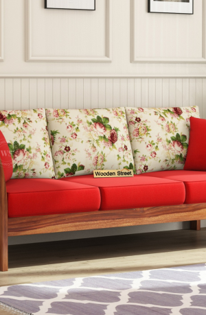 Raiden 3 Seater Wooden Sofa (Honey Cream Dusky Rose)