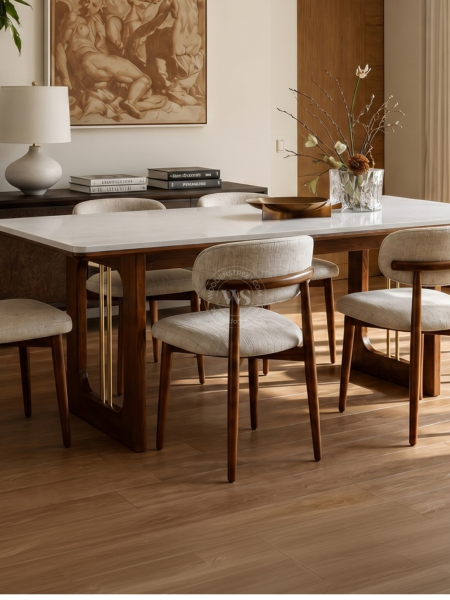 Mishaan-Rivano 6 Seater Sheesham Wood Dining Table Set with Quartz Top (Teak Finish)